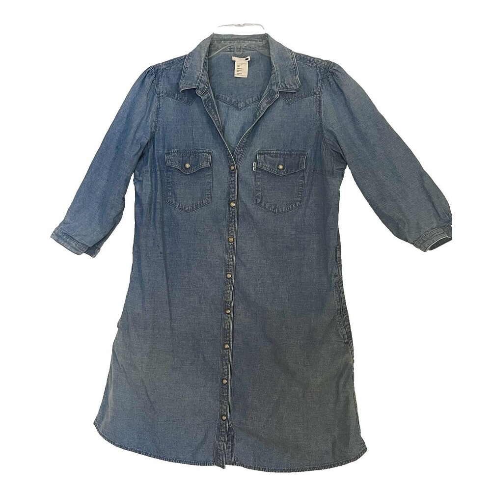 Levi's Faded Chambray Denim Dress Sz S Mini Pearl Snap Front Western Cowgirl